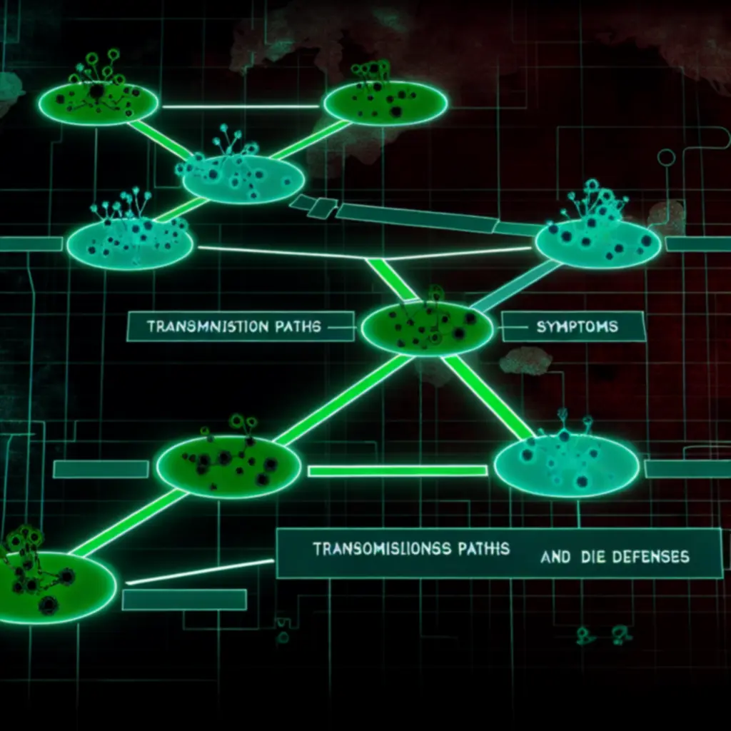 Drzewko ewolucji choroby w Plague Inc. prezentujące gałęzie transmisji, objawów i odporności.