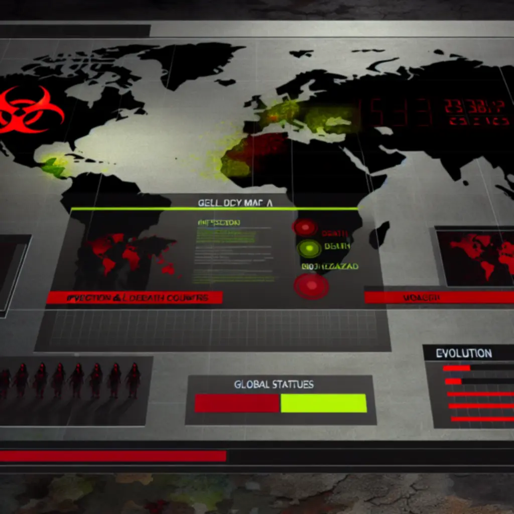 Widok interfejsu Plague Inc. z mapą świata, wskaźnikami infekcji i panelami ewolucji patogenu.
