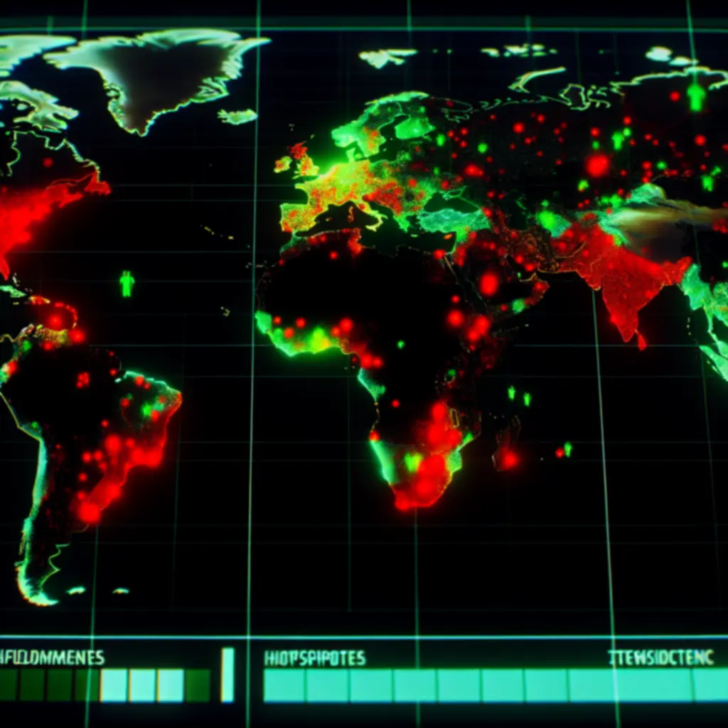 Ciemna mapa świata z dynamiczną wizualizacją globalnej infekcji w stylu Plague Inc.