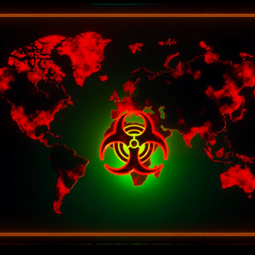 Ciemna mapa świata z zaznaczonymi strefami infekcji inspirowana estetyką Plague Inc.