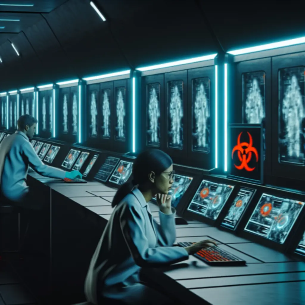 Mroczne laboratorium analizujące próbki wirusa i postęp nad lekarstwem
