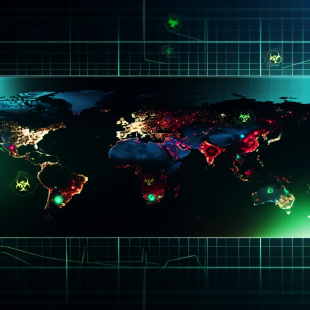 Stylizowana mapa świata z czerwonymi ogniskami zakażeń symbolizująca globalne rankingi Plague Inc.