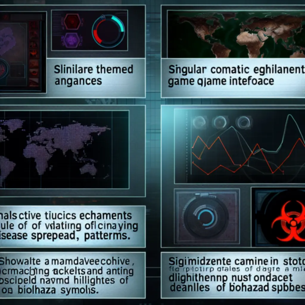 Zrzuty ekranu z interfejsem Plague Inc. po najnowszej aktualizacji, z rozbudowanymi panelami danych i mapą epidemii