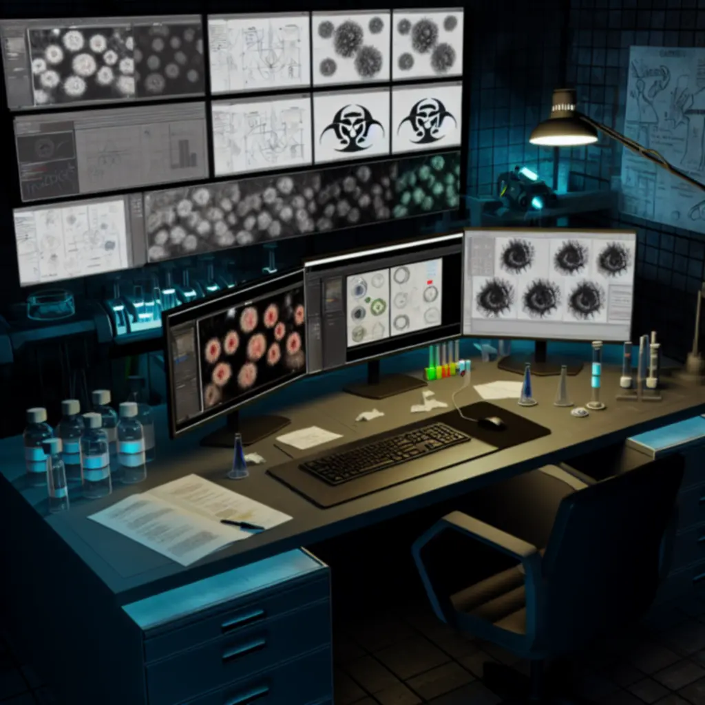 Cyfrowe stanowisko pracy z projektami UI, modelami chorób i szkicami map inspirowanymi Plague Inc.