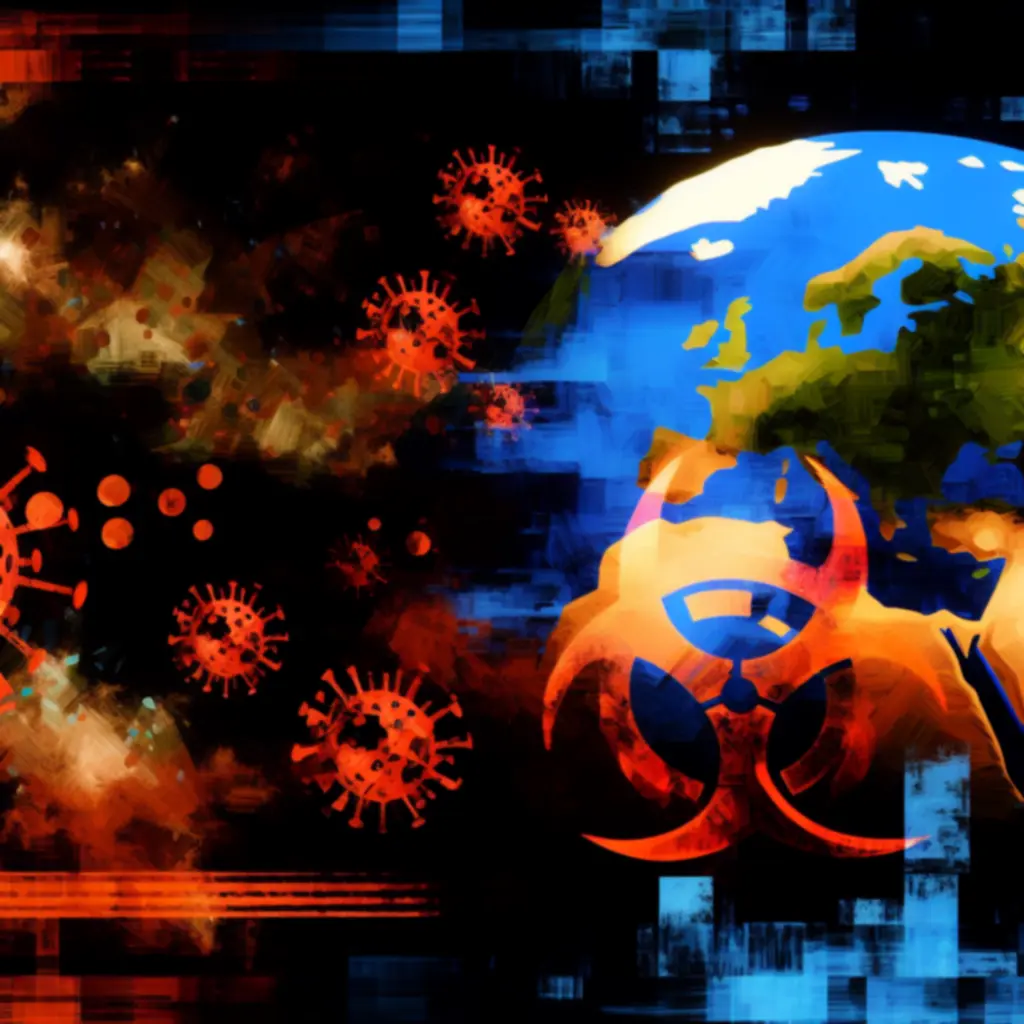 Galeria cyfrowych fanartów inspirowanych Plague Inc., przedstawiających mapę świata, symbole biohazard oraz stylizowane patogeny