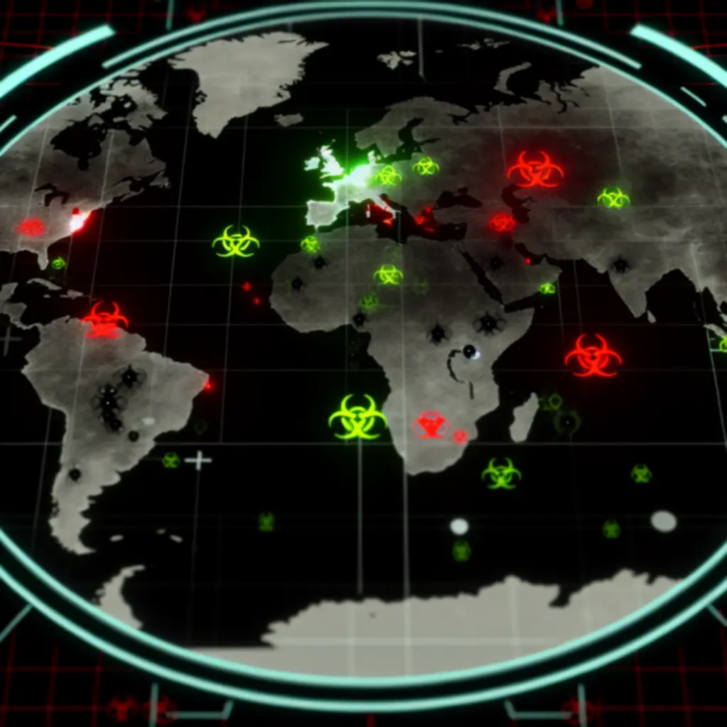 Kinowy widok mapy świata z rozprzestrzeniającą się infekcją w stylu Plague Inc.