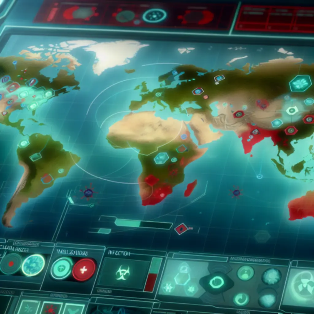 Oficjalny zrzut ekranu z Plague Inc. prezentujący mapę świata, panele statystyk i interfejs mutacji