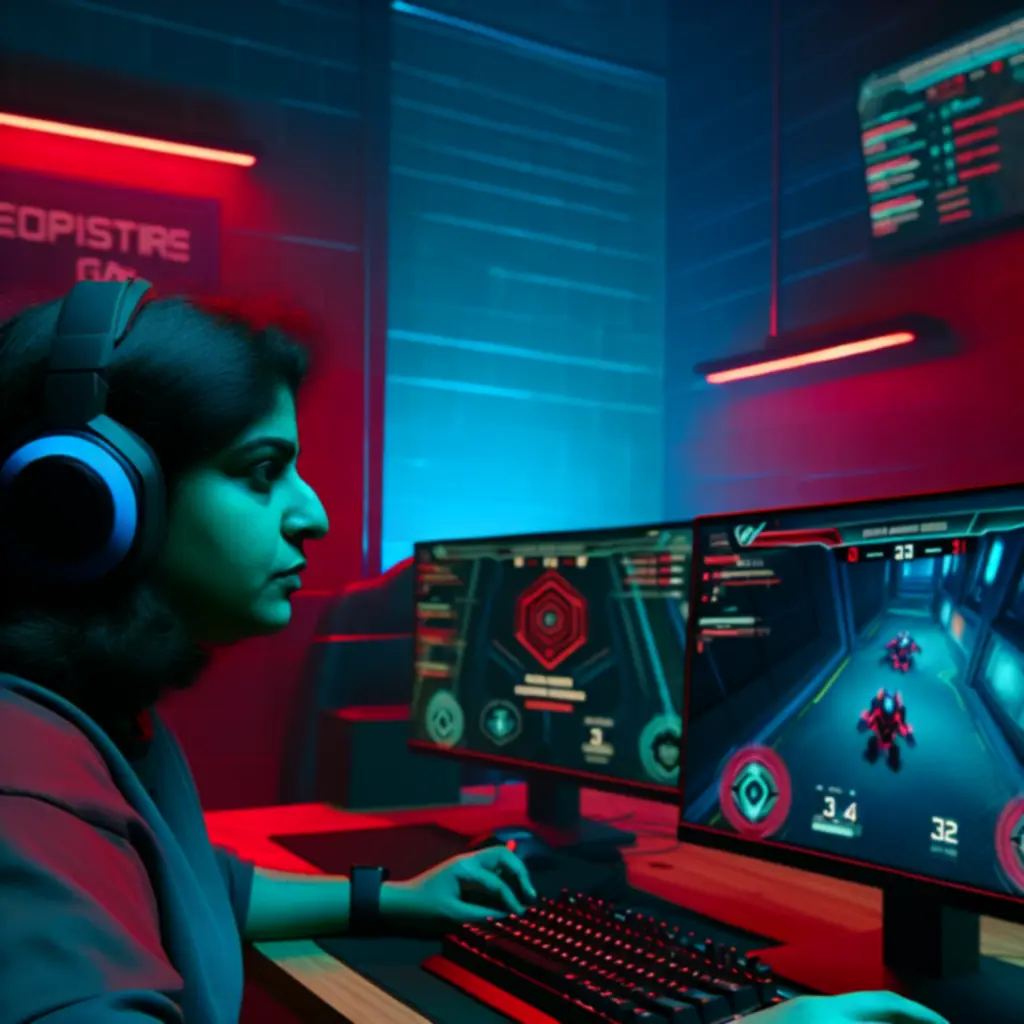 Stylizowany profil gracza w czerwono-zielonej poświacie laboratoryjnej.