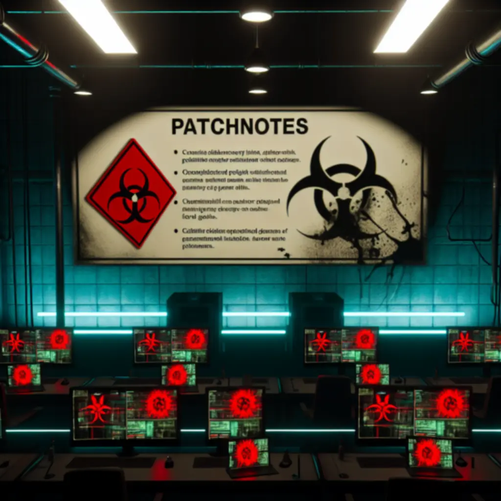 Laboratoryjny interfejs patch notes z mapą świata i wskaźnikami infekcji