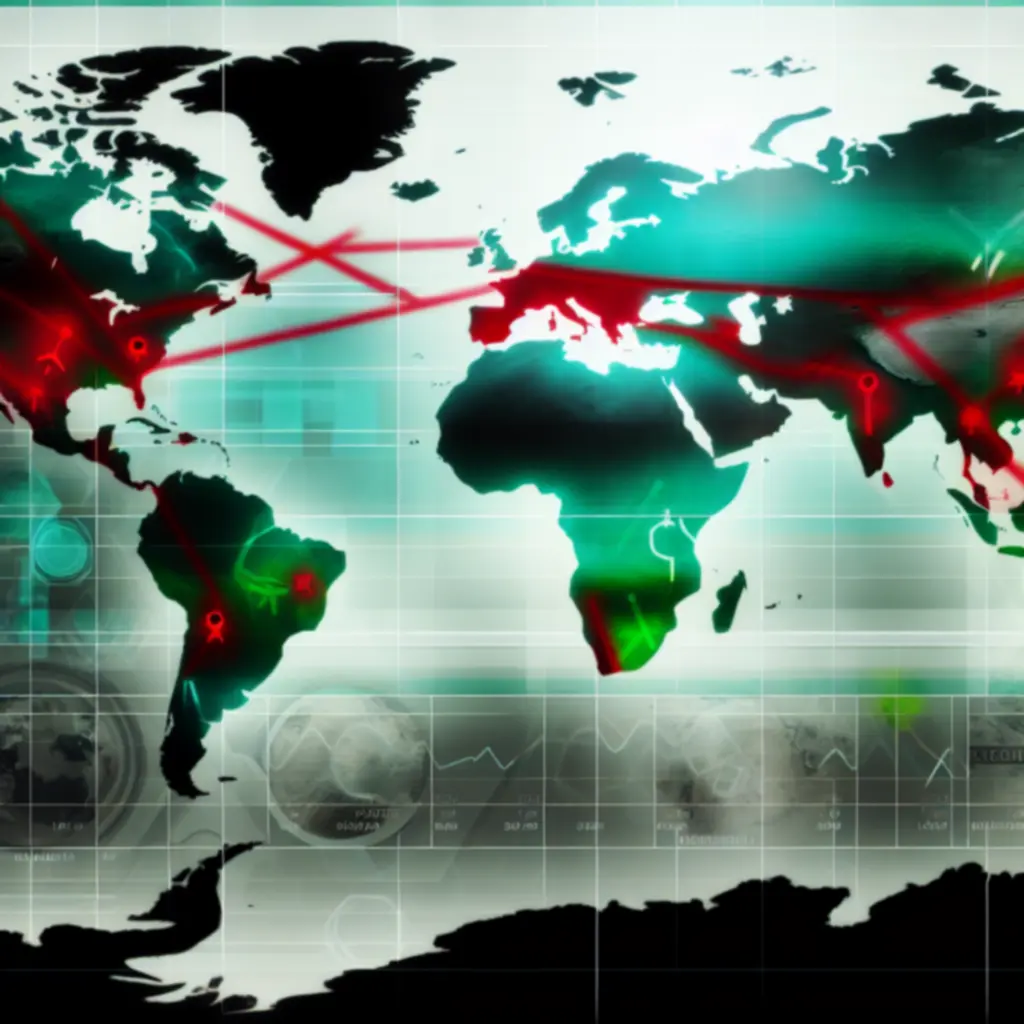 Globalna mapa rozprzestrzeniania infekcji w Plague Inc. z zaznaczonymi krajami i liniami podróży.